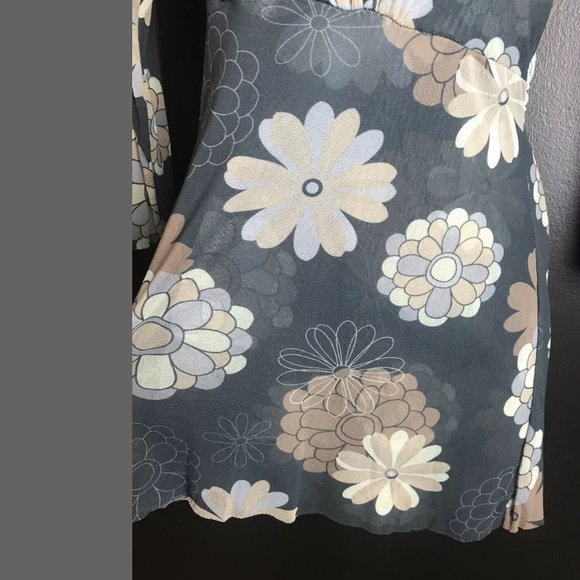 SWEET PEA Stacy Frati Floral Mesh Top Blouse Shirt Gray Tan Scoop Neck Tie Waist - Picture 3 of 8